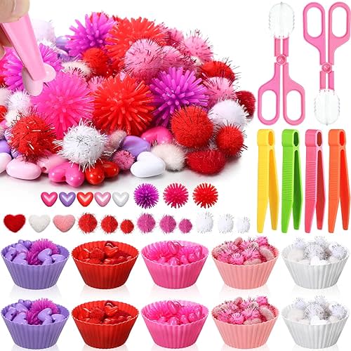 752 Pcs Valentine Fine Motor Skills Sensory Bin Filler Includes 100 Heart Acrylic Gems 618 Pom Pom 18 Hedge Balls 4 Tweezers 2 Scissors Clips 10 Sorting Bowls for Boys Girls Sorting Counting