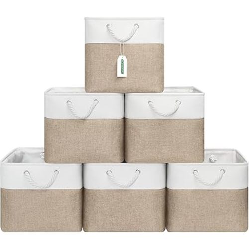 13x13 Inch Cube Storage Bins with Reinforced Bottom Cardboard, 6 Pack Large Collapsible Fabric Storage Cubes with Handles for Shelf, Closet, Toy, Laundry Organization (White&Khaki)
