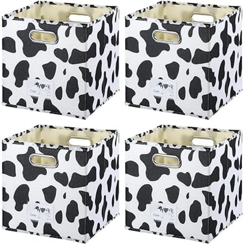 4 PCS Storage Cubes Set, Cow Print Large Cotton Linen Fabric Storage Bins, 10.6 x 10.6 x 10.6 Inches Foldable Baskets Boxes with Handles, Portable Desktop Closet Shelf Organizer Containers