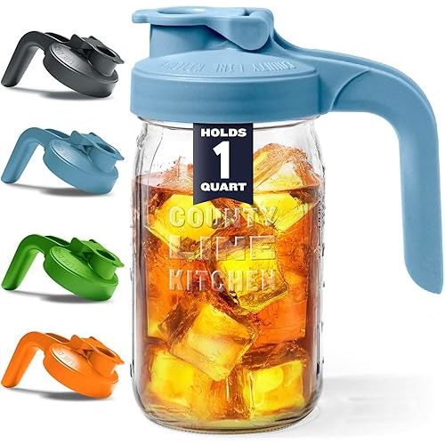 County Line Kitchen Glass Mason Jar Pitcher with Lid - Wide Mouth, 1 Quart (32 oz) - Heavy Duty, Leak Proof - Sun & Iced Tea Pitcher, Cold Brew Coffee, Breast Milk Storage, Water - Sky Blue