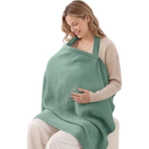 Blissful Diary Muslin Nursing Cover for Breastfeeding, Breathable Breastfeeding Cover up with Arch Neckline for Women, Nursing Apron (Roman Green)