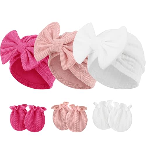 Newborn Baby Hats and Mittens Set Infant Bow Beanie Cap Toddler Gloves Newborn Hospital Hats for Baby Boy Girl 0-12 Months