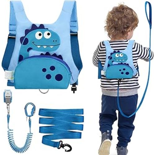 Dr.meter 3 in 1 Toddler Harness Leash + 8.2ft Anti Lost Wrist Link, Cute Dinosaur Kids Safety Harness with Key Lock, Child Walking Harness Assistant Strap for Outdoor Activity Travel