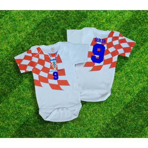 Baby soccer Croatian retro themed jersey bodysuit. Personalization available