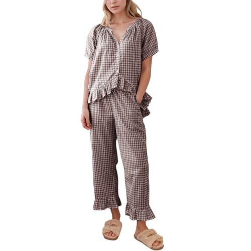 Flygo Womens Plaid 2 Piece Pajamas Sets Gingham Button Down Puff Sleeve Babydoll Shirt Ruffle Pants Y2K Pjs Lounge Set