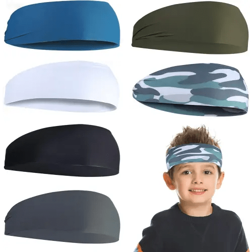 Boenoea 6 Pcs Sweatbands for Kids, Headbands Sports Boys, Moisture Wicking Headbands for Running, Cycling, Football