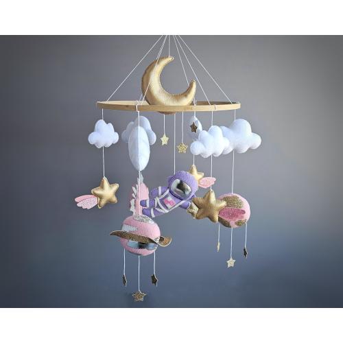 Space Baby Mobile – Astronaut, Planets and Stars – Felt Nursery Decor in Pink and Gold