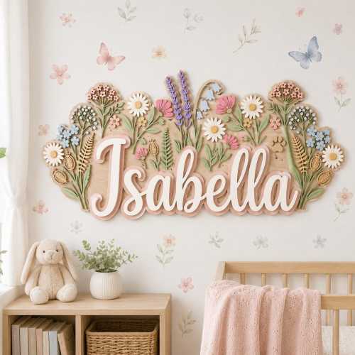 Personalized Floral Nursery Wooden Sign, Custom Baby Girl Name Sign, Wildflower Wall Decor for Girl Nursery Room, Floral Wall Art for Kids