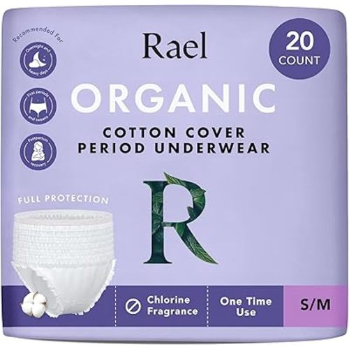 Rael Disposable Underwear for Women, Organic Cotton Cover - Postpartum Essentials, Leak Locker, Unscented, Maximum Coverage (Size S-M, 20 Count)