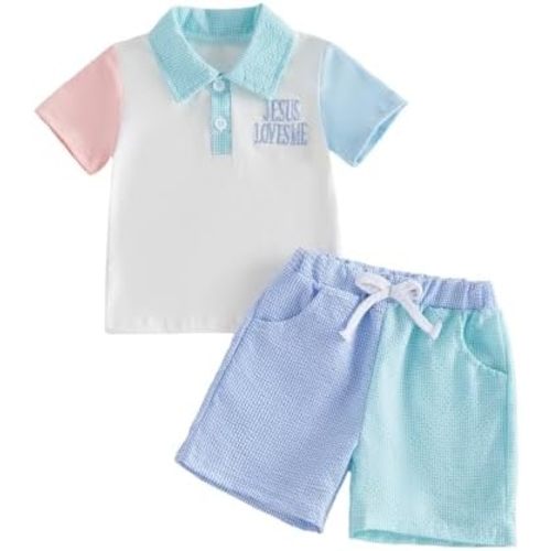 Toddler Baby Boy Christian Outfit Jesus Loves Me Color Block Short Sleeve Collared Shirt Stripe Shorts Clothes Set