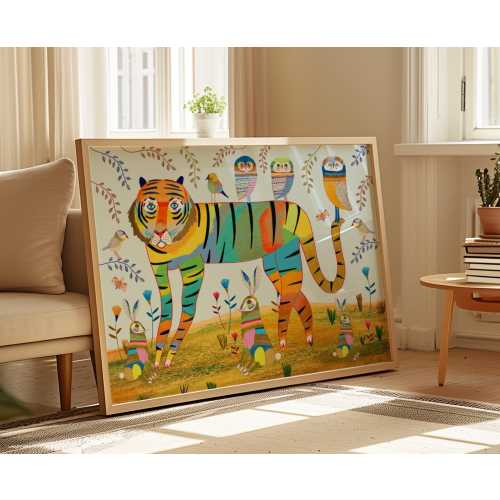 Tiger and Owls Art Print, Nursery Wall Decor, Bright and Colorful, Baby Shower, Playroom, Birthday, Christmas Gift for Baby Boy/Girl