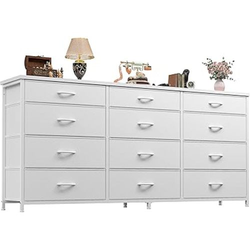 55" Long Dresser for Bedroom with 12 Fabric Drawers, Entertainment Center for 60 inch TV Dressers & Chests of Drawers Large Organizer, Living Room, Metal Frame, Wood Top, White