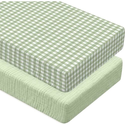 2 Pcs Muslin Green and Green Gingham Crib Sheets, 52"X 28"