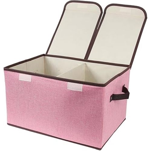 Foldable Fabric Storage Box with Double-Lid & Dividers, Large Organizer for Home, Closet, Office (Pink, 1 Pack)