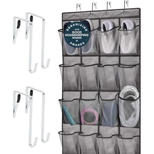 GORILLA GRIP Over the Door Shoe Organizer, 24 Large Breathable Mesh Pockets, Space Saving Hanging Storage Holder, Closet Rack Hanger Holds Up to 40 lbs, Hangs on Closets for Shoes, Accessories, Linen