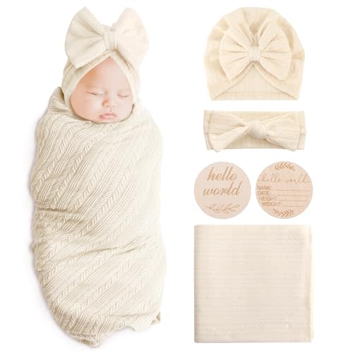 AQOKKA Newborn Receiving Blanket with Bow Hat Headband Wooden Card Set Wheat-Pattern Newborns Toddler Baby Boy Girl Nursery Swaddle Wrap (Beige A)