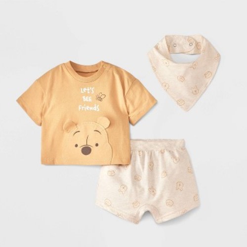Baby 3pc Disney Winnie The Pooh Short Sleeve Top & Shorts Set with Bib - Light Orange 12M