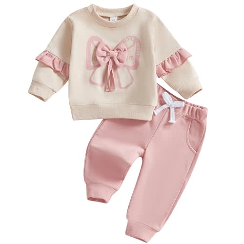 Mubineo Toddler Baby Girl Clothes Bowknot Sweatshirt Outfits Fall Winter Long Sleeve Tops Pant Outfit Sweatsuit Set