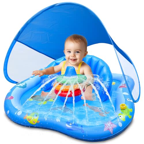 Inflatable Baby Pool Float with Canopy, Kiddie Pool with Water Sprinkler for Kids - Baby Play Mat with Backrest & Stackable Rings Outdoor Water Play Toys for Toddlers Swimming Water Activities Games