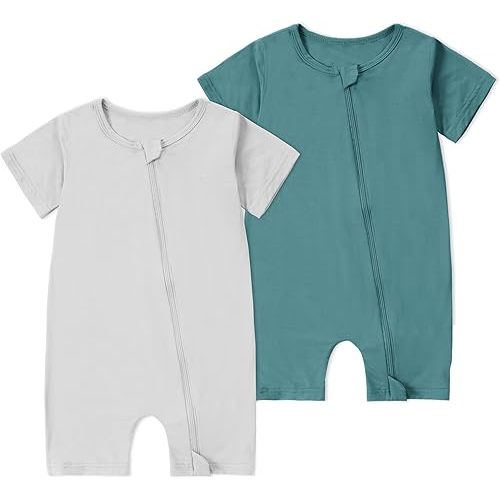 MICHLEY Baby Bamboo Viscose Short Sleeve Summer Romper 2 Pack, Unisex Newborn Zipper Bodysuit Toddler Clothes 0-24M
