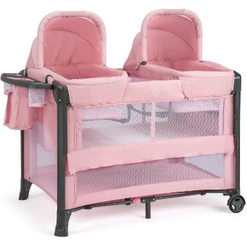 JOYMOR Twin Bassinet for Baby, Pink Bedside Bassinet, Convertible to Bedside Sleeper and Playpen, with Wheel, Brake