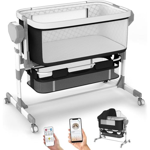 Rocking Bassinet for Baby, Electric Bassinet Automatic 5 Rocking Motion Bassinet Bedside Sleeper for Newborn, Auto Rolling Baby Cradle 6 Height Adjustable with 4 Lullabies, Wheels, Storage