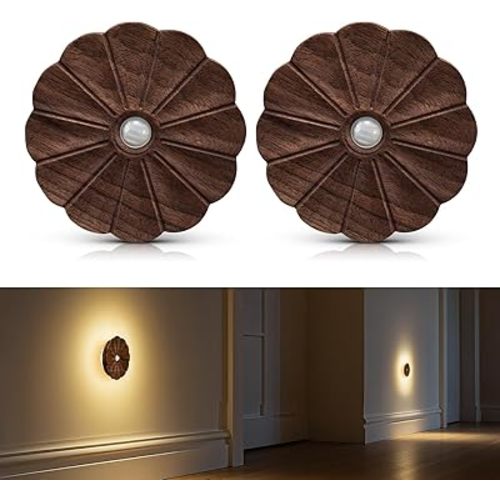 Motion Sensor Night Light Wooden Carved Flower Mini USB Rechargeable Stick-On Step Lights Magnetic Wall Lights for Hallway Bedroom Living Room Stair (2 Pack Black Walnut)