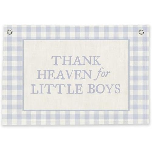 RTXLEZM Baby Boys Room Nursery Decor,Vintage Thank Heaven for Little Boys Large Canvas Banner Flag Print,Blue Gingham Wall Art Hanging for Toddler Playroom Bedroom Banner with Two Metal Grommets,36x24
