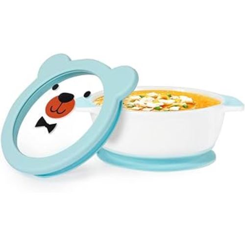 MR. CHOU Ceramic Baby Bowls with Suction Base, Infant Led Weaning Supplies with BPA Free Airtight Lid & Handles for Babies Self-feeding, 100% Food Grade Kid Bowls, Microwave & Dishwasher Safe, Blue
