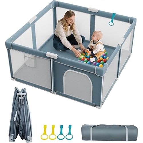Foldable Baby Playpen - 50"×50" Collapsible Play Pen for Babies and Toddlers - Indoor Outdoor Play Pen with 4 Handles - Folding Baby Playpen with Carry Bag Portable Travel Play Yard