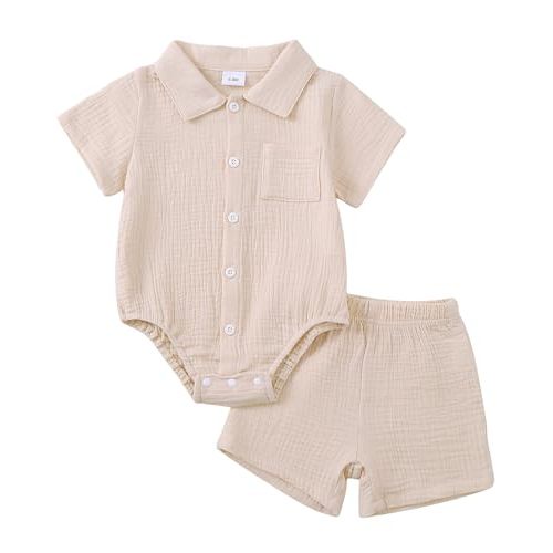 Jecson Newborn Boy Clothes Baby Boy Outfits Summer Cotton 2 Piece Set with Button Down Bodysuit and Shorts 0-18M