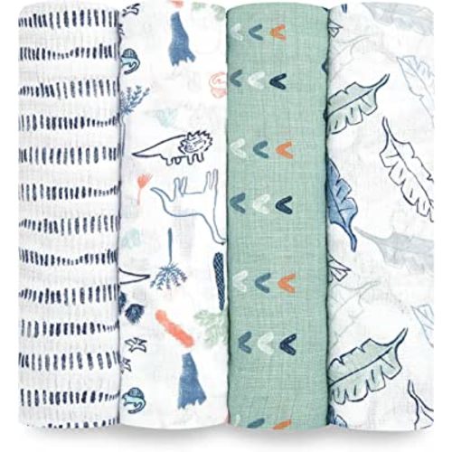 aden + anais Essentials Swaddle Blanket, Muslin Blankets for Girls & Boys, Baby Receiving Swaddles, Newborn Gifts, Infant Shower Items, Wearable Swaddling Set, 4 Pk, Dinotime
