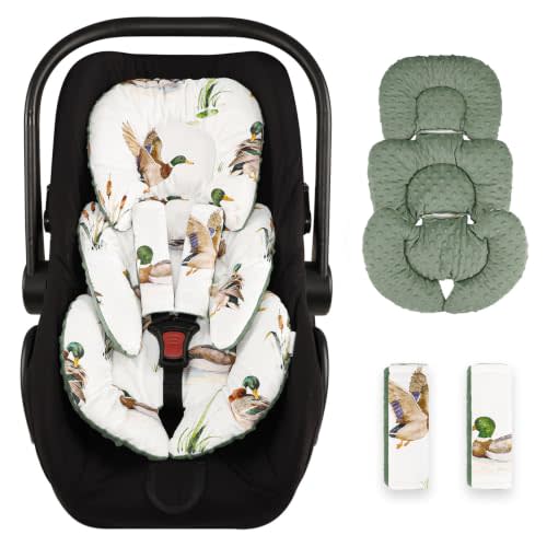 Mallard Duck Infant Car Seat Insert Cushion & 2 Straps Covers, Super Soft Baby Car Seat Head Support, Reversible Preemie Newborn Carseat Insert, Fit Car Seat, Stroller, Infant Bouncer, Green