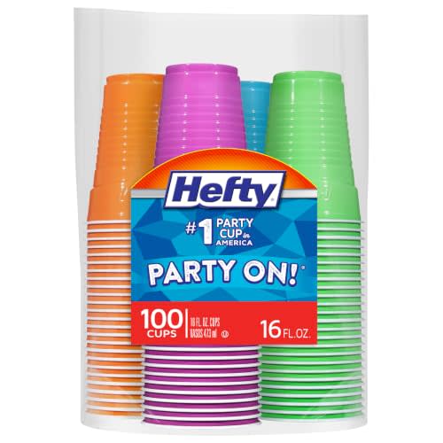 Hefty Party On Disposable Plastic Cups, Assorted, 16 Ounce, 100 Count | Bulk Pack, Disposable Plastic Cups for Parties, 4 Fun Colors, Easy-to-Grip Design, Ideal for Large Tailgates, BBQs, Birthdays