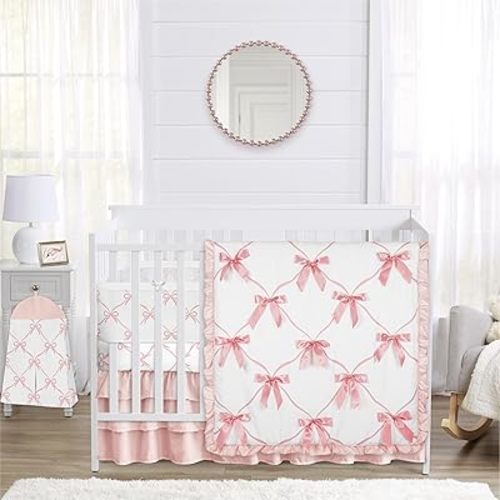 Sweet Jojo Designs 6-Piece Baby Crib Bedding Set (Pink Bows) for Girls, Infants/Nursery incl. Blanket, BreathableBaby Mesh Crib Liner, Fitted Sheet, Skirt, Diaper Stacker (Satin Bow for Ballet Coll.)