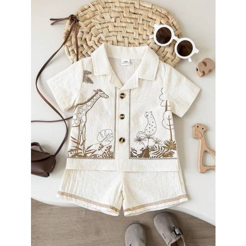 Playful Pals 2pcs Newborn Baby Boy Funny Wild Animal Print Short Sleeve Shirt And Shorts Set, Suitable For Spring/Summer Casual, Holiday, Photo Shoot, Daily Wear | SHEIN USA