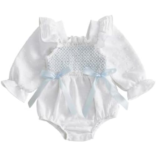 Honganda Newborn Baby Girl One Piece Outfit Bow Decor Smocked Bubble Romper