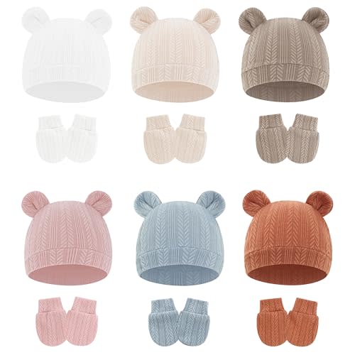 Bear Ears Baby Hats and Mittens for Newborn Baby Boys Girls Infant Hospital Beanie Caps, 0-3 Months