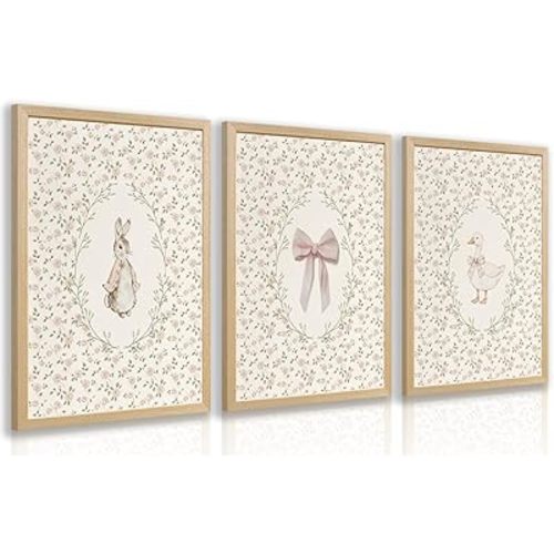 Grajoy Wood Framed Retro Floral Wall Art Set of 3, Cottagecore Kids Room Canvas Painting, Cute Rabbit Bow and Goose Animal Wall Decor, Classic Minimalist Funny Poster Print for Girl Room 12x16 Inch