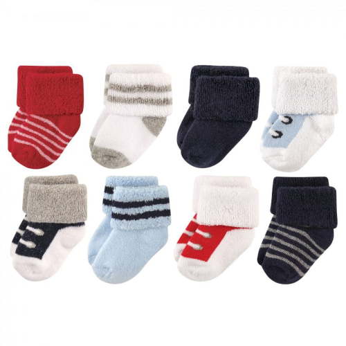 Luvable Friends Baby Boy Newborn and Baby Terry Socks, Red Navy Sneakers, 0-6 Months