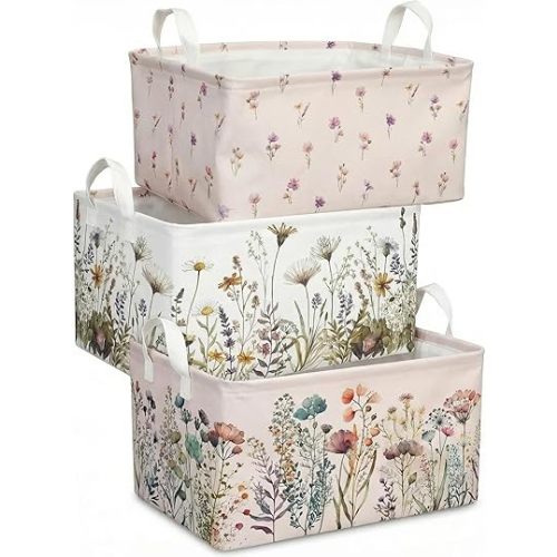 Wild Flowers Shelf Basket Floral Baby Shower Basket for Kids Girls Room Rectangle Clothes Toys Cube Storage Basket (Flowers)