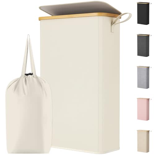 Lifewit 65L Slim Laundry Hamper with Lid, Narrow Laundry Basket with Removable Bag & Bamboo Handles, Fodable Thin Dirty Clothes Hamper for Laundry Collapsible Bin for Bathroom Bedroom Dorm, White