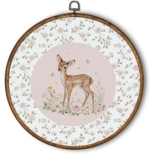 QWZDRHYJI Pink Rose Floral Deer Round Wall Art Decor, Cottagecore Rustic Flower Deer Fawn Framed Canvas Prints Wall Hanging for Kids Girl Room Nursery Playroom Decorations, 10x10 Inch