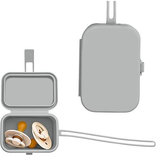 Baby's Aid Silicone Pacifier Case, No Open Slot with Patented Closure, Dishwasher Safe, Attaches to Diaper Bag or Stroller, Holds 2 Pacifiers, (Grey)