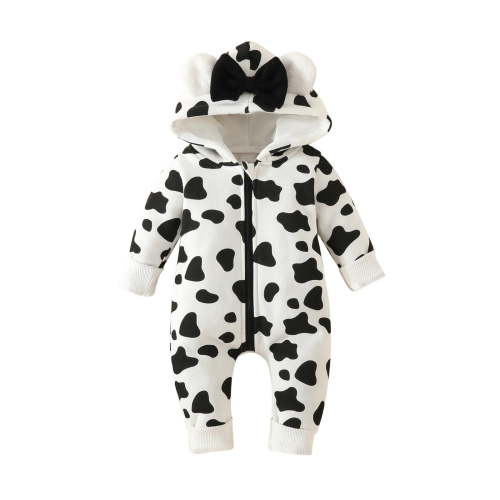Baby Infant Warm Onesie Outfit 2024 Comfy Soft Cotton Cow Print Pajamas Cute Bowknot Hooded Rompers Unisex Lounge Jumpsuit