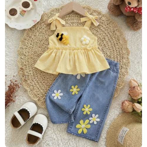 This 2 Pieces Baby Girl Casual, Simple, Comfortable, And Cute Set Features A Textured Fabric And Embellished Patches, Including A Tank Top And Straight-Leg Pants, Perfect For Spring And Summer. Spring Toddler Sets Baby Denim Skirt Set Baby Girl Summer Den