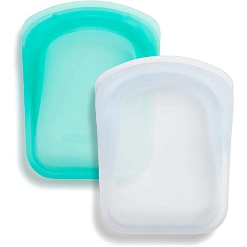 Stasher Reusable Silicone Storage Bag, Food Storage Container, Microwave and Dishwasher Safe, Leak-free, Pocket 2-Pack, Clear + Aqua