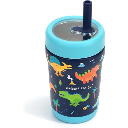 Zukro Toddler & Kids Tumbler with Flexible Straw and Lid 12 oz, Spill Proof Double-wall Stainless Steel Insulated Kids Cup for Travel or At Home, BPA Free, Non-slip & Dishwasher Safe - Dinosaur