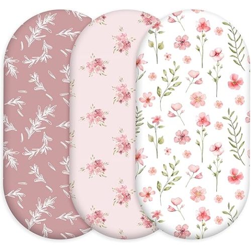 Floral Bassinet Sheets Girl 3 Pack, Breathable Cozy Fitted Mattress Sheet, Elastic Travel Bassinet Fashionable, Standard Cradle Safe Sheets for Baby Boy Girls 32" x 16"