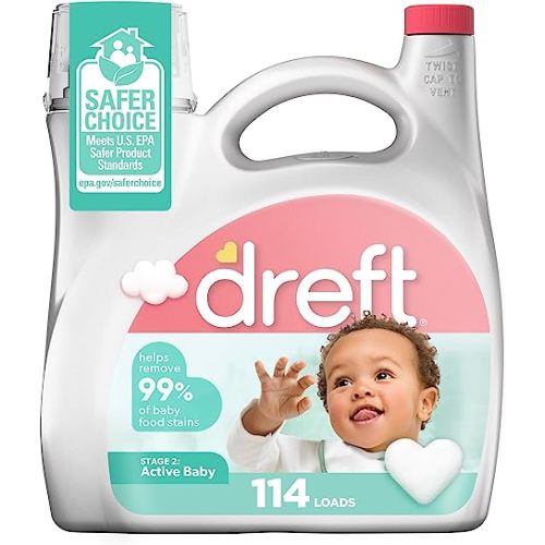 Dreft Stage 2 Active Baby Liquid Laundry Detergent, Helps Remove 99% of Baby Food Stains, 114 loads
